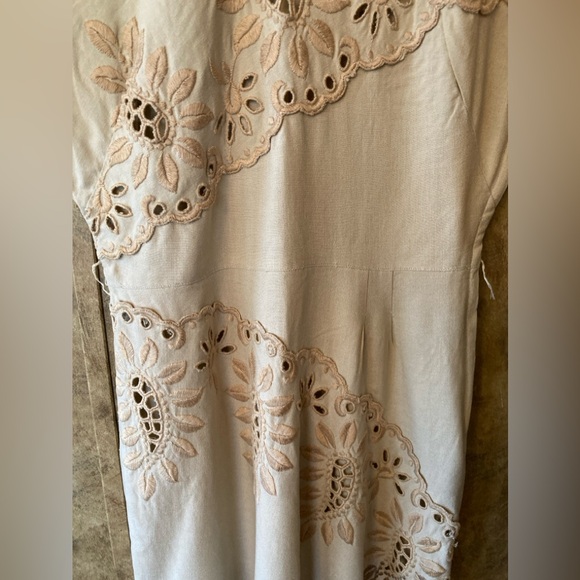 Vintage Original Franklin Embroidered Cutouts Shift Wiggle Dress M Linen Beige - Picture 10 of 16